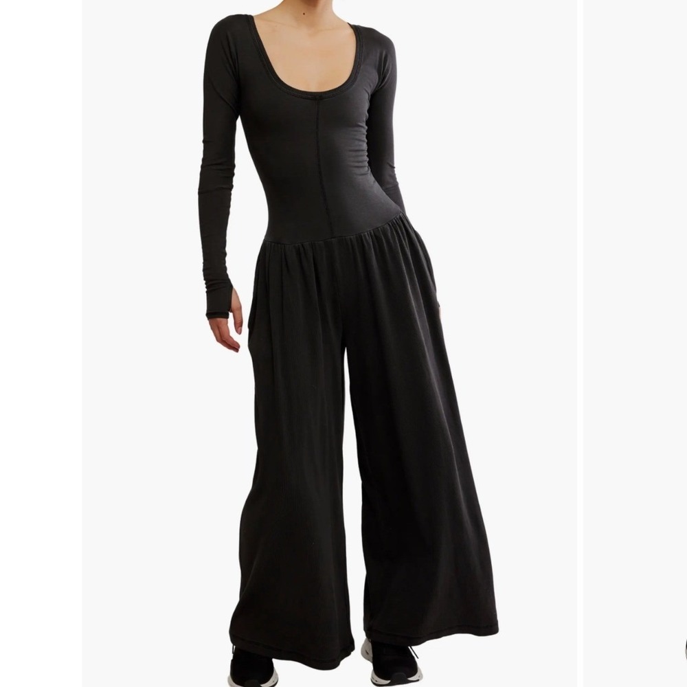 FP Movement Hot Shot Wide Leg Onesie Womens Charcoal Gray Ribbed Jumpsuit M